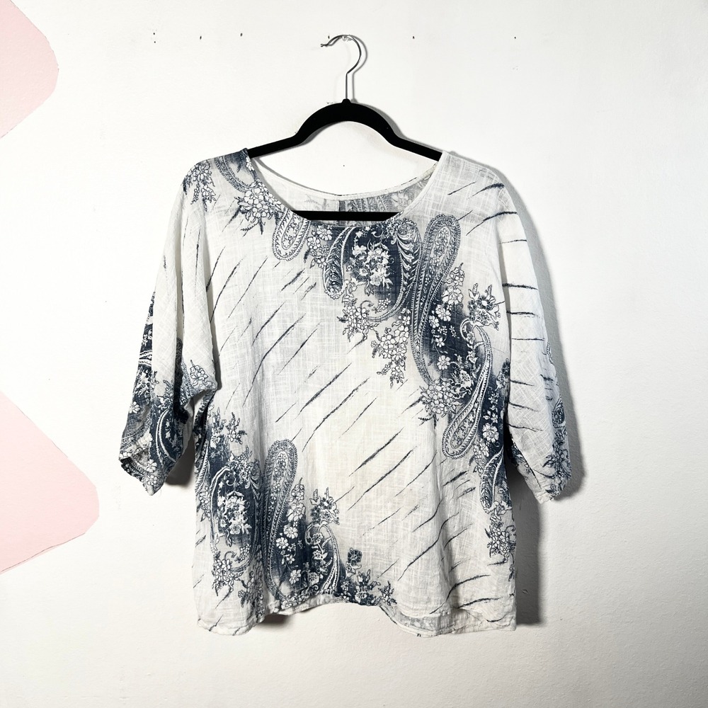 Made in Italy 100% Cotton Top Womens XL White Paisley Floral Boxy Lagenlook‎